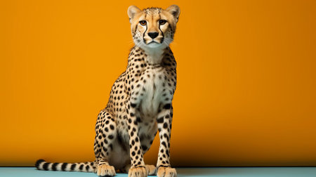 a majestic cheetah, surrounded by a subtle, creamy background, gazes intensely into the lens, its vibrant fur and piercing eyes popping against the stark, minimalist scenery, evoking the whimsical, symmetrical style of wes anderson's cinematic aesthetic, perfect for fans of extreme minimalism in wildlife photography. ai generatedの素材