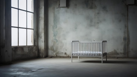 the cot, centered in a minimalist brutalist setting, exudes simplicity and cleanliness, its sleek lines and modern design accentuated by the stark, empty surroundings, captured in stunning detail with a mamiya rz67 camera, zoomed in for an intimate, editorial-style portrait of modern furniture design. ai generatedの素材