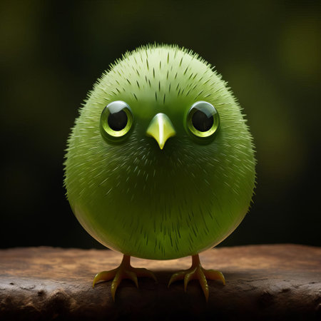 the glass orb, reminiscent of evgeni gordiets' and clemens ascher's whimsical style, features a vibrant green bird figurine with intricately painted eyes, evoking the inventive character designs of didier lourenco, set amidst spiky mounds, captured in a stunning close-up shot that highlights its concrete, three-dimensional beauty. ai generatedの素材