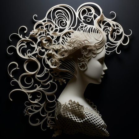 the silhouette, crafted in the ornate style of rococo, stands out against a striking junction of light and shadow, its delicate profile intricately woven together like string art, set against a dramatic backdrop of pure white and black, evoking a sense of elegance and sophistication. ai generatedの素材