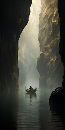 the lake, surrounded by a majestic cave and shrouded in a mystical smoke, glistens in the sunlight, showcasing its serene beauty in this high-definition wide shot, perfect for nature lovers and photography enthusiasts, capturing the essence of wilderness and tranquility in a breathtaking landscape scenery. ai generatedの素材