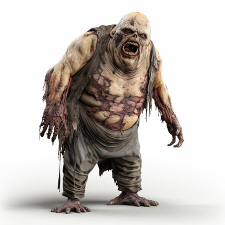 a 3d fat zombie stands menacingly on a white isolated background, its grotesque features and bloated body a testament to the undead's unholy existence, perfect for horror and halloween-themed designs, illustrations, and digital art, evoking a sense of fear and unease in all who lay eyes on it. ai generatedの素材