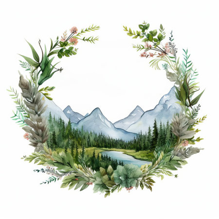 mountain range, a majestic backdrop, is beautifully framed by a delicate wreath crafted from twigs, leaves, and berries found in the forest, set against a crisp white background, perfect for high-resolution designs, available in stunning uhd and 8k quality, ready to use as a royalty-free clipart without any watermark. ai generatedの素材