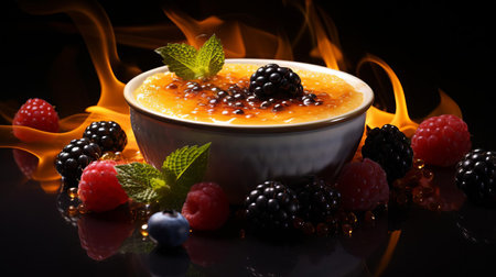 the decadent creme brulee, adorned with a golden crust and fresh berries, is captured in ultra-sharp, super realistic, high-end photography, showcasing the rich textures and vibrant colors of this indulgent dessert, perfect for food bloggers, culinary enthusiasts, and fine dining establishments. ai generatedの素材