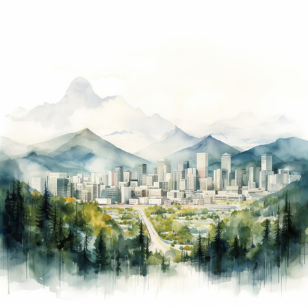 the cityscape, set against a pristine white background, boasts majestic mountains that appear to rise from the canvas, thanks to a hyper-realistic watercolor style that masterfully blends vibrant colors and delicate textures, evoking a sense of serenity and wonder in this breathtaking urban landscape artwork. ai generatedの素材