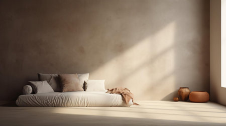 the futon, a sleek and modern piece of furniture, is showcased in a minimalist setting against a soft studio background, highlighting its textured details and clean lines, captured with precision using a canon m50 camera, evoking a sense of serenity and comfort in a modern living space. ai generatedの素材