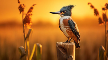the belted kingfisher perches proudly on a rustic farm fence post, surrounded by a vibrant cornfield, its bright plumage radiating warmth and joy, as it flashes a charming smile for the camera, capturing the essence of rural bliss in this stunning warm-toned photograph. ai generatedの素材