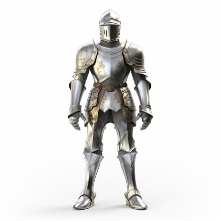 the medieval knight, clad in intricately detailed 3d armor, stands proudly on a pristine white isolated background, showcasing the ornate full-body attire, complete with a helmet, gauntlets, and a sword, evoking a sense of chivalry and honor, perfect for fantasy and historical art, gaming, and design projects. ai generatedの素材