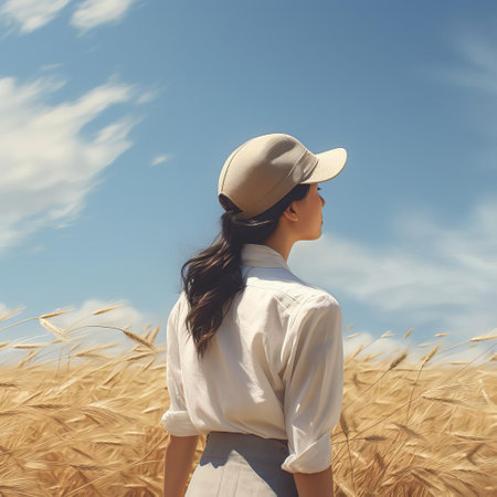 the woman stands serenely in the midst of a lush green landscape, surrounded by rolling hills and towering trees, basking in the warmth of a clear blue sky on a sunny day, evoking a sense of peacefulness and tranquility in this stunning photorealistic scene, perfect for nature lovers and fans of outdoor photography. ai generatedの素材