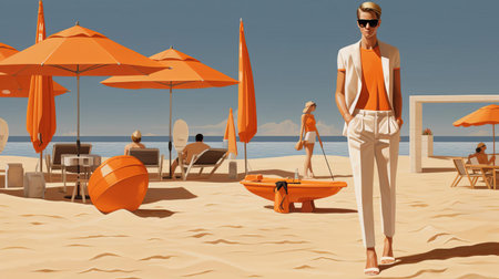 the surfer, roger, stands confidently on the sun-kissed beach, clad in a vibrant orange wetsuit, amidst a serene atmosphere, evoking the nostalgia of 1990s poolcore aesthetics, as captured in this stunning, hyper-detailed, and sleek illustration, blending realistic and stylized elements, with warm light maroon and brown hues, presented in breathtaking uhd image quality. ai generatedの素材