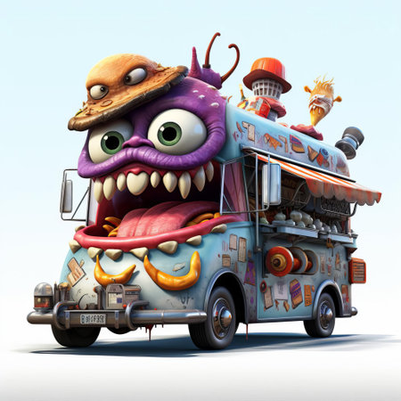 the food truck, a massive monster truck on wheels, stands out against a pristine white background in this photorealistic image, showcasing its vibrant colors and intricate details, perfect for advertising, branding, or culinary-themed designs, highlighting the fusion of food and automotive cultures. ai generatedの素材
