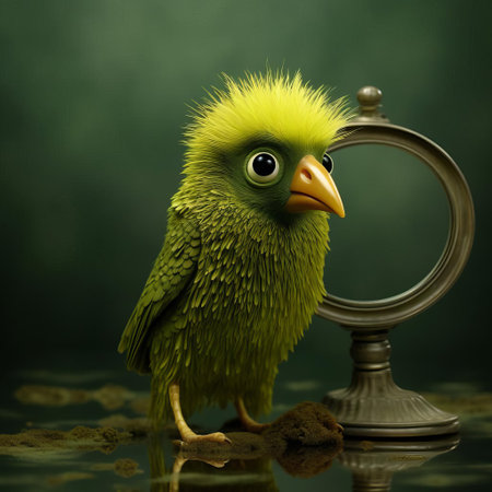 this vibrant decorative mirror showcases a stunning green bird figurine with intricately painted eyes, reminiscent of the whimsical style of renowned artists evgeni gordiets, clemens ascher, and didier lourenco, blending concrete and inventive character designs with spiky mounds elements, captured in a captivating close-up shot. ai generatedの素材