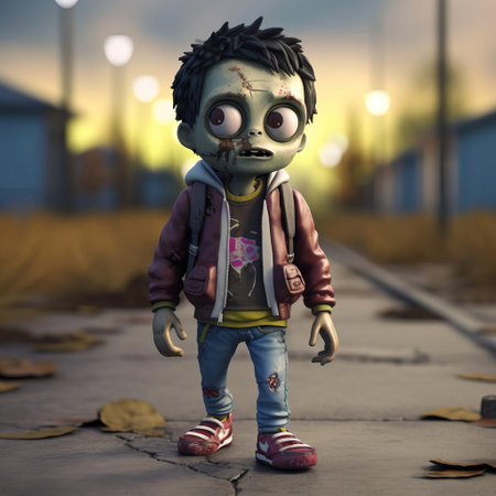 this adorable 3d cartoon zombie, dressed in trendy urban clothes, showcases a unique blend of spooky and stylish, perfect for fans of quirky character designs, 3d modeling, and zombie-themed art, blending horror and cuteness in a visually striking way. ai generatedの素材