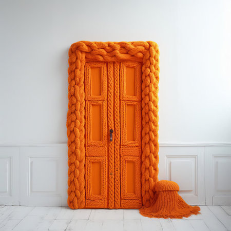 the vibrant orange knitted door stands out against a stark white background in this stunning still life photo, showcasing a unique blend of texture and color, perfect for interior design inspiration, home decor ideas, and knitting enthusiasts alike. ai generatedの素材
