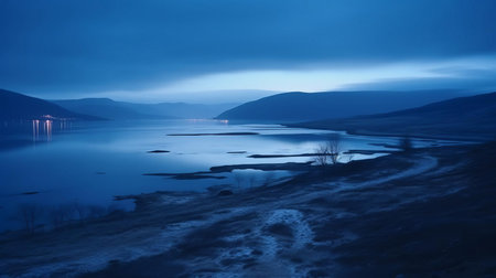 finnmark's breathtaking natural landscape transforms into a magical wonderland as the blue hour descends, casting a serene ambiance, captured in stunning high-quality 16k hd resolution with a canon 5d, showcasing the region's untamed beauty in a minimalist yet transparent composition. ai generatedの素材