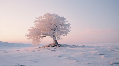 the blackwood tree stands alone on the snowfield, bathed in the faint red glow of morning light, its silhouette stark against the winter wonderland backdrop, captured in stunning detail with a handheld af400mm/f5.6 lens and kodak eb100 film, showcasing the beauty of winter landscapes and solo tree photography. ai generatedの素材