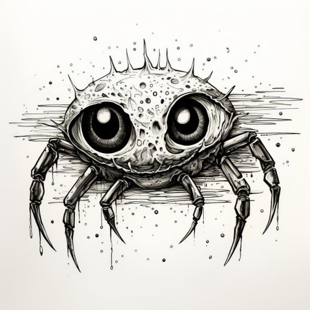 the crab eye is meticulously captured in this stunning monochrome sketch, crafted with intricate ink illustration techniques, showcasing a simple yet striking visual representation of the crustacean's distinctive feature, perfect for nature enthusiasts and art lovers alike. ai generatedの素材