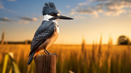 the belted kingfisher perches proudly on a rustic fence post, surrounded by a lush and vibrant cornfield at a picturesque farm, its bright plumage glowing warmly in the sunlight, capturing a joyful moment in nature photography with a sense of rural charm and serenity. ai generatedの素材