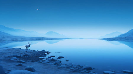 reindeer herding in the arctic landscape transforms into a magical wonderland as the blue hour descends, casting a serene ambiance, captured in stunning high-quality 16k hd resolution with a canon 5d, showcasing the beauty of minimalism in nature's transparent majesty. ai generatedの素材