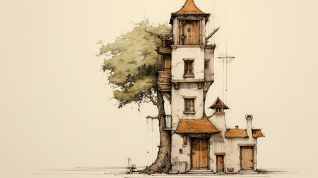 this renaissance-inspired tiny home sketch showcases a luxurious miniature abode featuring a small tree and tower adjacent to it, blending medieval charm with modern simplicity, perfect for those seeking a cozy, eco-friendly dwelling with a touch of classical elegance and whimsy. ai generatedの素材