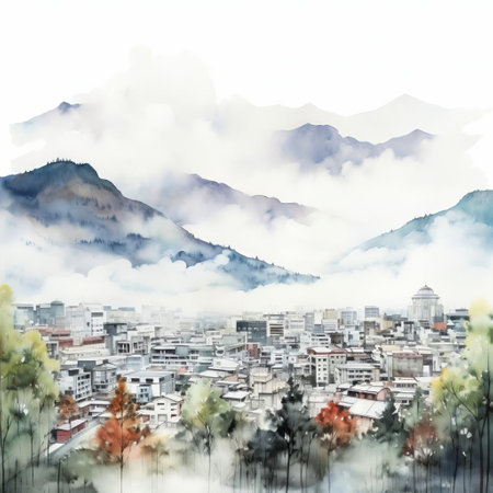 the cityscape, rendered in a stunning hyper-realistic watercolor style, majestically rises from a pristine white background, with majestic mountains towering in the distance, evoking a sense of serenity and wonder, perfect for nature lovers and art enthusiasts alike, capturing the essence of urban and natural beauty. ai generatedの素材