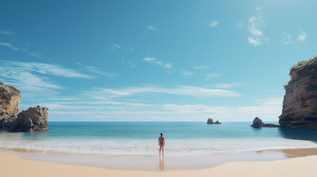 jerry stands at the edge of a breathtaking beach, gazing out at the endless turquoise waters, capturing the awe and wonder of exploring new places, with the warm golden sand beneath his feet, surrounded by lush green palm trees swaying gently in the ocean breeze, evoking feelings of tropical paradise and exotic getaways. ai generatedの素材