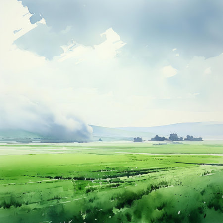 "grassland, beautifully depicted in a simple yet evocative flat watercolor drawing by renowned artist thomas schaller, transports viewers to a serene and idyllic landscape, capturing the essence of nature's tranquility, perfect for fans of watercolor art, landscape paintings, and natural scenery.", ai generatedの素材