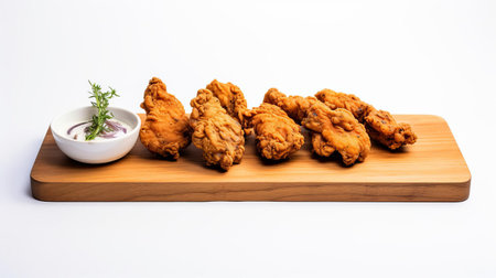 fried oysters, perfectly arranged on a rustic wooden board, are showcased against a pristine white background, evoking a cinematic feel reminiscent of a 35mm film camera, with a subtle 5-degree angle of view that adds to the nostalgic ambiance, perfect for food bloggers and culinary enthusiasts. ai generatedの素材