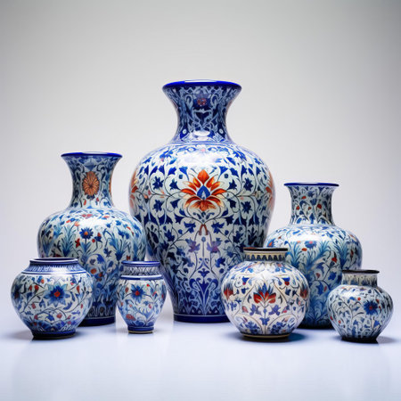 the exquisite persian handmade ceramic, adorned with intricate designs and patterns, sits elegantly on a pristine white isolated background, showcasing the artisan's skillful craftsmanship and attention to detail, perfect for home decor, kitchenware, and table setting inspirations. ai generatedの素材