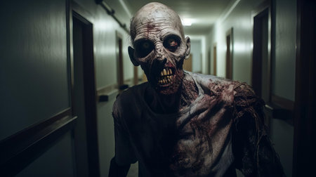 a zombie, looking sick and suspicious, slowly makes its way through a dark and eerie corridor, its undead eyes fixed on some unknown terror lurking in the shadows, surrounded by an atmosphere of fear and foreboding, perfect for a horror movie or haunted house scene. ai generatedの素材