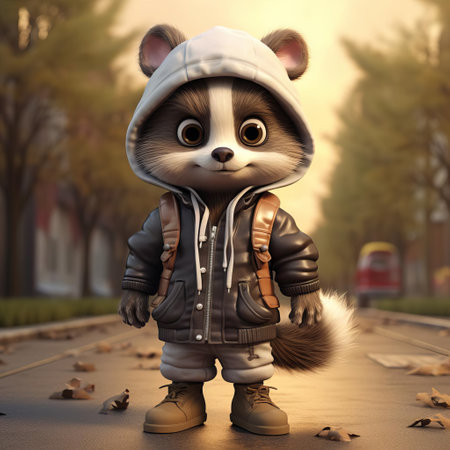 this adorable 3d cartoon raccoon, dressed in trendy urban clothes, showcases its playful personality, blending wilderness charm with city style, perfect for fans of cute animal illustrations, 3d art, and whimsical character designs, evoking a sense of fun and modernity. ai generatedの素材
