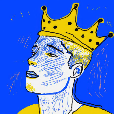 king jason, adorned with a regal crown, gazes over their shoulder in this stunning digital drawing, reminiscent of cecil beaton's iconic style, with bold, expressionist lines and vibrant blue hues, created on a wacom tablet in the manner of henri matisse, featuring fine-tip pen details and striking white and yellow accents, presented in breathtaking 32k super-resolution uhd quality. ai generatedの素材