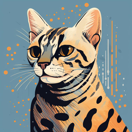 the asian leopard cat, with its striking coat and agile physique, is reimagined in the vibrant, cubist style of pablo picasso, blending bold geometric shapes and earthy tones to evoke a sense of feral elegance, while capturing the essence of this elusive and majestic creature in its natural habitat, surrounded by lush foliage. ai generatedの素材