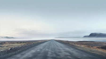 the archipelago in iceland stretches towards the horizon, shrouded in a thick white fog that veils the winding black asphalt path, creating an otherworldly atmosphere, captured in stunning 4k resolution with a 35mm lens, showcasing the rugged beauty of iceland's landscape in raw, unedited detail. ai generatedの素材