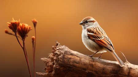 the american tree sparrow, a small yet vibrant songbird, perches confidently on a sturdy brown stem, its subtle brown and gray feathers blending seamlessly with the natural surroundings, while its bright, inquisitive eyes sparkle against a radiant, sun-kissed background, showcasing its unique charm in this stunning wildlife photography. ai generatedの素材