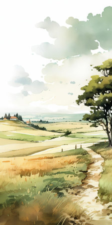 the countryside landscape painting, created in a serene watercolor style, features subtle earth tone colors, evoking a sense of tranquility and harmony with nature, perfect for art enthusiasts and those who appreciate rural scenery, country landscapes, and watercolor art. ai generatedの素材