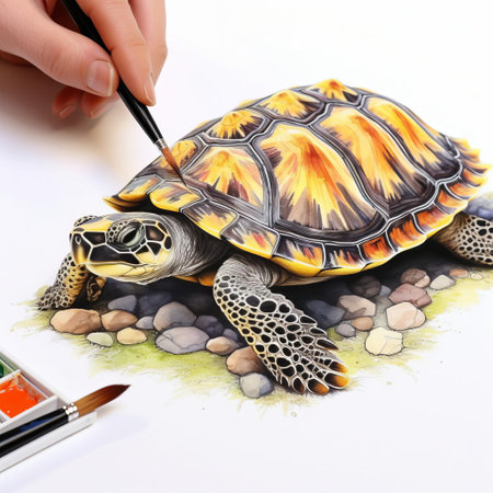 this turtle, majestically rendered in a hyper-realistic watercolor painting, commands attention against a crisp white background, its intricate shell and gentle eyes popping with high contrast, evoking a sense of serenity and wonder, perfect for nature lovers and art enthusiasts alike, showcasing the beauty of wildlife and aquatic life. ai generatedの素材