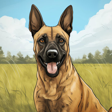 the belgian malinois, a high-energy breed, is showcased in a vibrant illustration, featuring a distinctive bobbed tail and striking markings, set against a crisp white background, outlined with thick black lines, perfect for a child's coloring book, highlighting the dog's athletic build and intelligent expression. ai generatedの素材