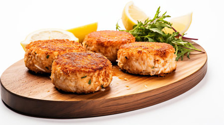 crab cakes, freshly prepared and artfully arranged on a rustic wooden board, sit elegantly against a pristine white background, evoking a nostalgic cinematic feel reminiscent of 35mm film, with a subtle 5-degree angle of view that adds to the image's dramatic flair, perfect for food bloggers and culinary enthusiasts. ai generatedの素材