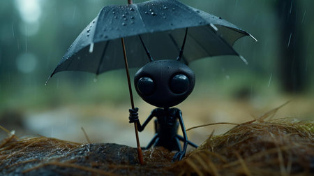 the dune cricket, crafted from felt, stands resilient in the midst of a stormy nigeria forest, its intricate details captured in stunning 4k resolution, set against a dark, mysterious black forest backdrop with a shallow depth of field, evoking a sense of nocturnal drama, with hints of blue amidst the low-saturation, inky blackness. ai generatedの素材
