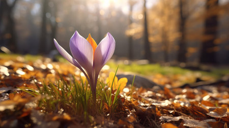 the vibrant crocus stands tall amidst a kaleidoscope of autumn colours, its yellow leaves glistening with dew as warm sunshine filters through, capturing the essence of the season in stunning hyperrealistic hd clarity, expertly captured with a canon 8k camera. ai generatedの素材