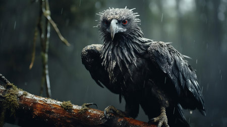 the majestic eagle, crafted from felt, stands resilient in the midst of a torrential downpour, surrounded by the lush, dark silver hues of a pakistani forest, evoking a sense of mystery and drama, captured in stunning 4k resolution with a shallow depth of field, exuding a sense of luxury and sophistication reminiscent of velvet, set against a low-saturation, blue-tinged night sky. ai generatedの素材