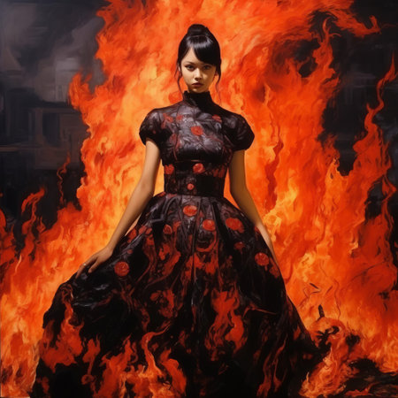 the fiery female figure, reminiscent of selena gomez, stands confidently amidst the flames, showcasing meticulous attention to detail and thick, textured brushstrokes, evoking a sense of hyperrealism-inspired intensity, as if plucked from a surreal dreamscape, radiating fiery passion and unbridled energy. ai generatedの素材