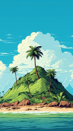 this serene island, surrounded by crystal-clear waters, is beautifully captured in a flat, colourful, and simplistic style, showcasing its lush green vegetation and sandy shores in a stunning close-up view, perfect for tropical getaway inspiration. ai generatedの素材