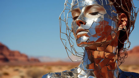 the metal sculpture, a stunning work of art, stands majestically in the desert landscape, its intricate details and curves reflecting the beauty of portraiture, as if lost in thought, contemplating her very existence, surrounded by the vast, arid expanse of sand and rock, evoking a sense of serenity and introspection. ai generatedの素材