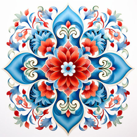 the exquisite iranian art piece, meticulously handmade with intricate designs and vibrant colors, sits elegantly on a pristine white isolated background, showcasing the rich cultural heritage and traditional craftsmanship of persian art, perfect for art enthusiasts and collectors of middle eastern decorative pieces. ai generatedの素材