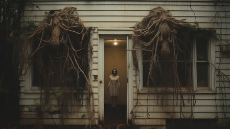 the abandoned apartment, surrounded by overgrown vegetation, exudes an eerie atmosphere, its distressed materials and crumbling facade a testament to the passage of time, captured in stunning 44mp uhd image quality, reminiscent of national geographic documentary standards, evoking the unsettling yet beautiful style of brooke didonato's photography. ai generatedの素材