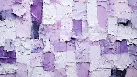 the art collage features a mesmerizing arrangement of ripped flannel pieces with torn edges, juxtaposed with a collection of sticky notes in soothing lavender hues, amidst shreds of flannel pages, set against a captivating abstract background, evoking a sense of creative chaos and artistic expression. ai generatedの素材