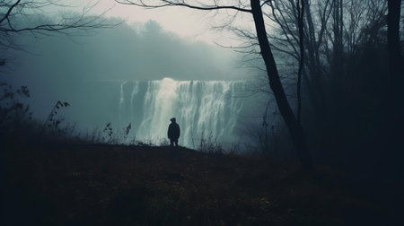john, a mysterious figure, walks through the autumn grass on a cold morning, surrounded by a serene atmosphere, with a distant waterfall cascading in the background, amidst silhouettes of tall trees, enveloped in a thick fog, captured in a lo-fi, instamatic photo, evoking a sense of mystique and tranquility, perfect for autumn and winter enthusiasts. ai generatedの素材