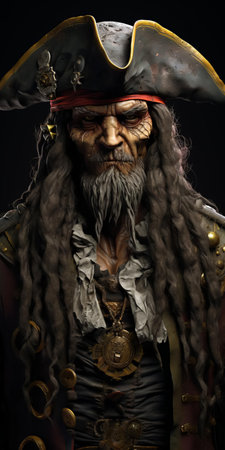 the pirate, adorned with a gleaming gold earring, gazes straight ahead with a weathered, aged face, showcasing a lifetime of battles and adventures, every wrinkle and scar telling a story of a life on the high seas, captured in stunning realistic detail. ai generatedの素材
